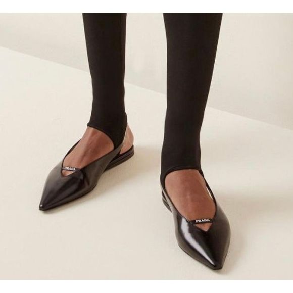 PRADA Black Slingback Ballet Flats 40 US 9.5 Point Toe Logo Flat Brushed Leather - Picture 4 of 15